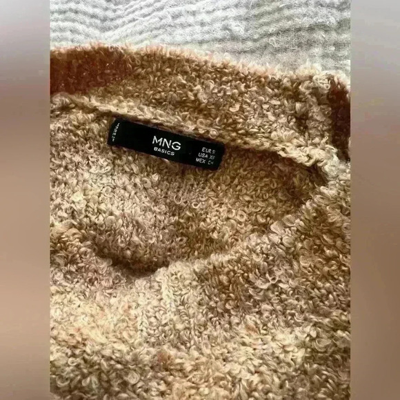 Mango Basics Warm Tan Faux Shearling-Look Sweater XS | Beige Pullover Crew Neck - Picture 6 of 7